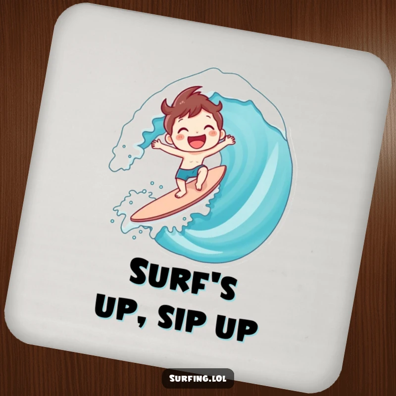 Funny Surfing Character Coasters: Cute character gleefully surfing a giant wave with a huge smile, perfect funny gift.