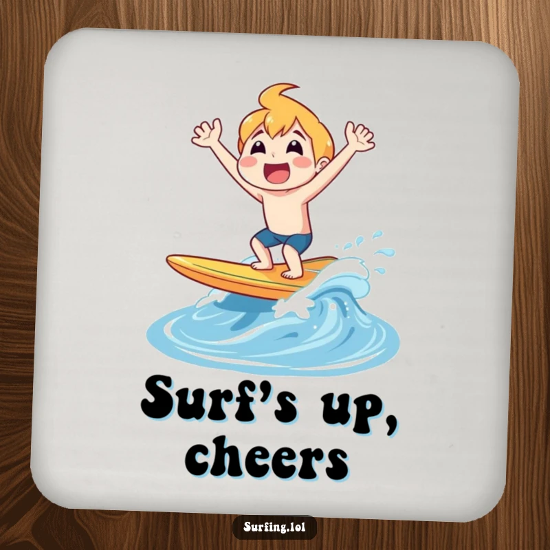 Funny drink coaster illustrating a surfer joyfully shouting while popping out of the water on a surfboard, adding beachy vibes.