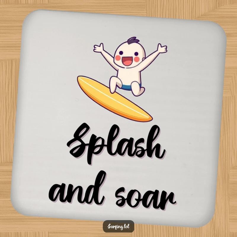 Funny drink coaster featuring a tiny character joyfully leaping off a surfboard mid-air with a huge smile and energetic pose.