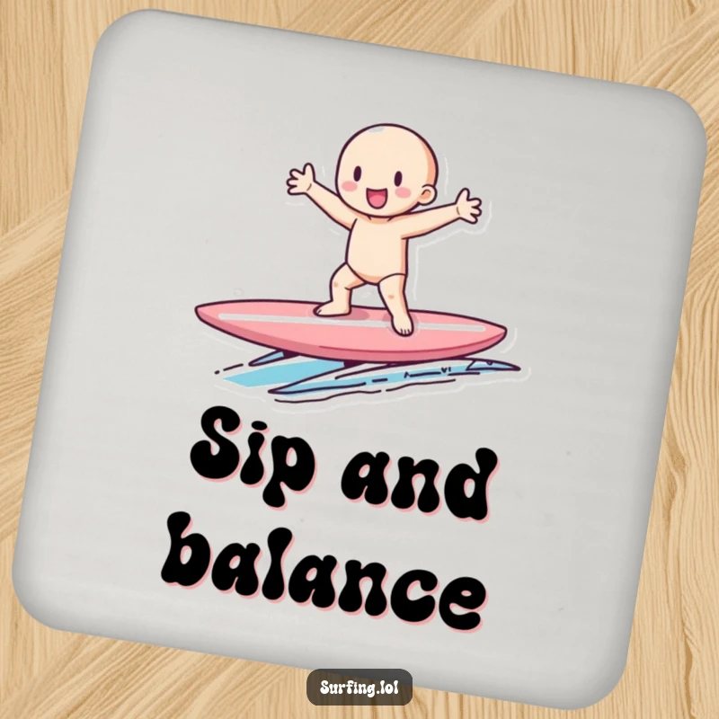 Funny coaster showing a tiny figure gleefully balancing on a surfboard, perfect for adding funny surf flair to any table.