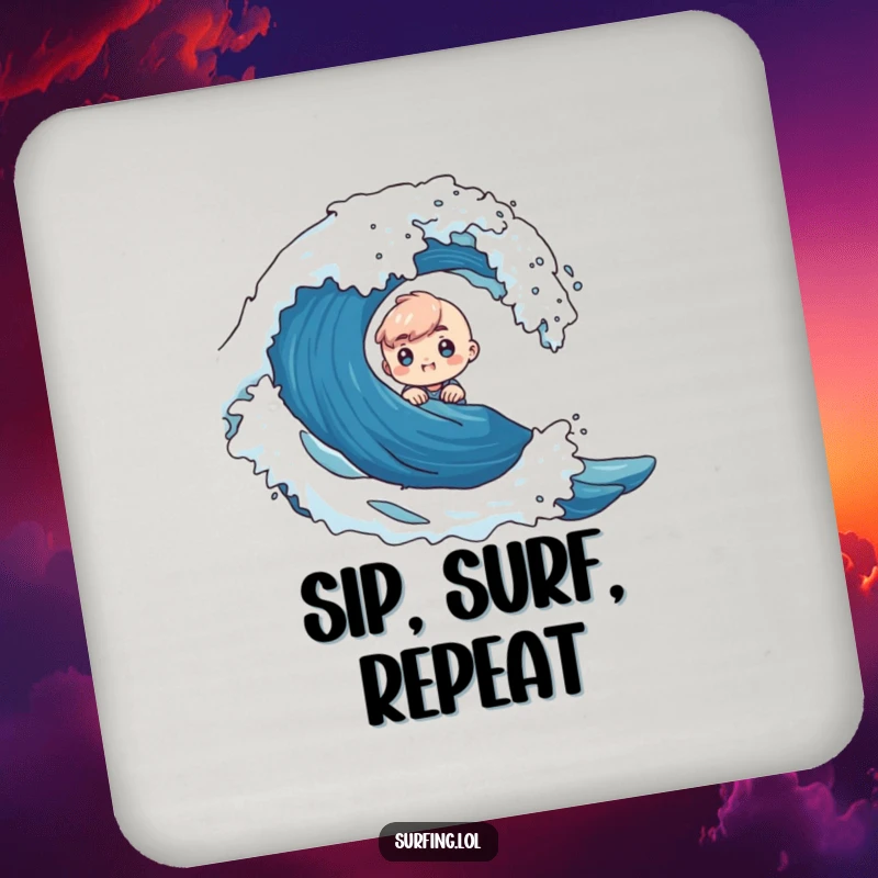 Funny drink coaster with a tiny character showing curious excitement while peeking from behind a crashing ocean wave.