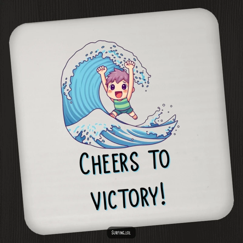 Funny Coaster: Illustration of a triumphant character surfing a large wave with elation, perfect for drink protection.