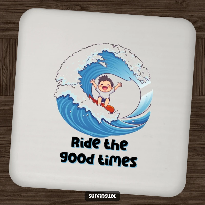 Funny Wave Rider Drink Coasters: A gleeful character rides a massive wave, arms outstretched, protecting surfaces.