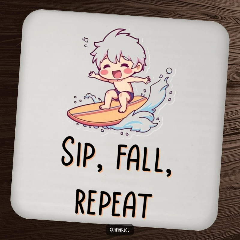 Funny Coaster: A happy character is depicted mid-wipeout on a surfboard, adding humor to surface protection.