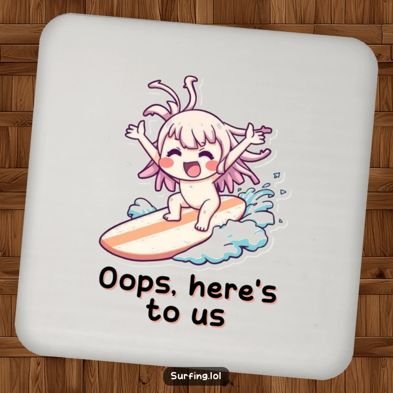 Funny Wipeout Kawaii Coasters: Cute character comically wiped out on a surfboard, arms flailing joyfully, perfect funny gift.
