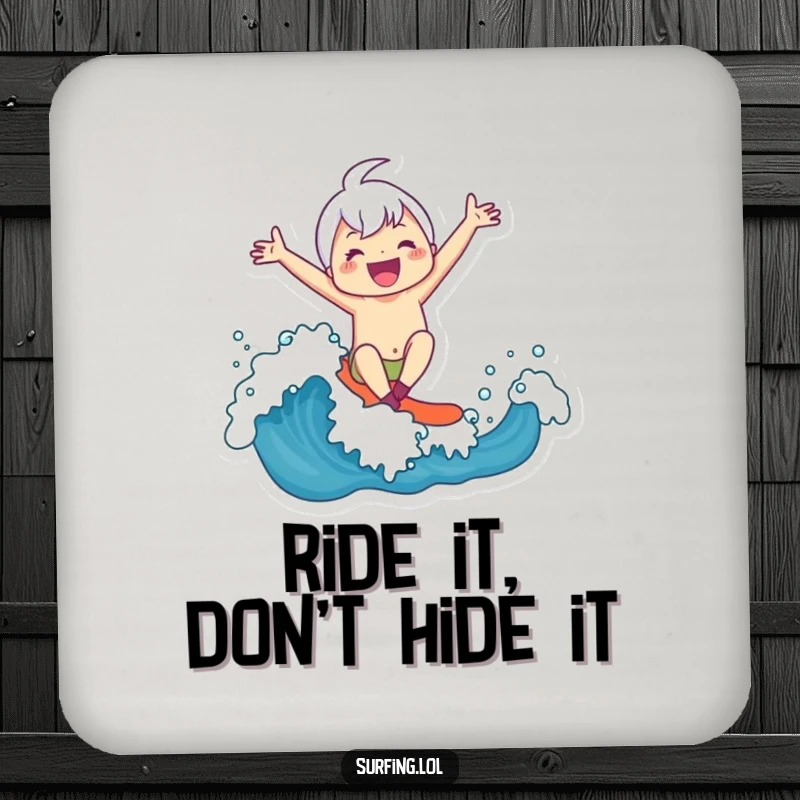 Funny Coaster: Illustration of a character joyfully surfing a wave, adding a humorous touch to drink protection.