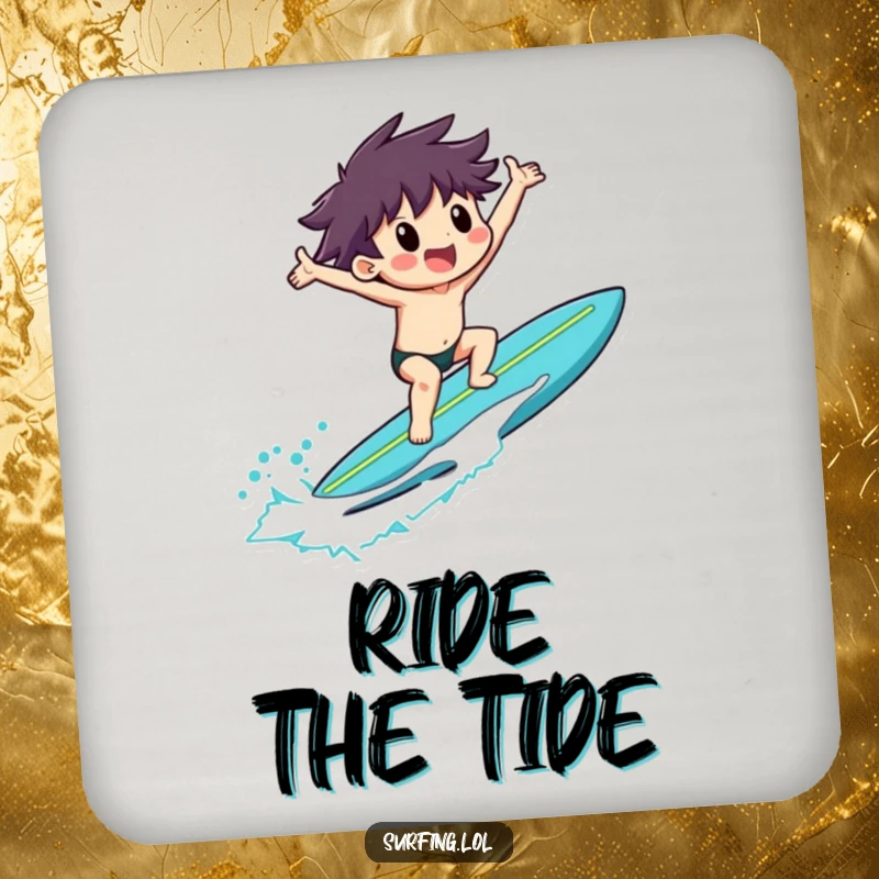 Funny drink coaster with a surfer riding a surfboard, arms outstretched in exultation, protecting tables.