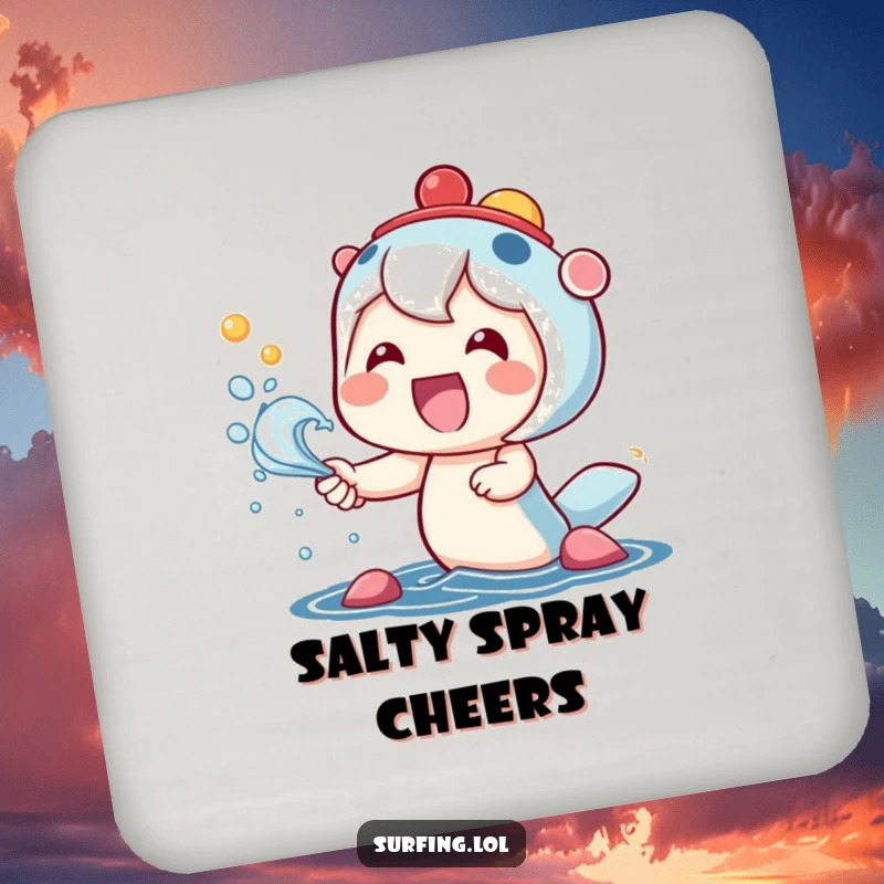 Funny drink coaster with a kawaii character smiling widely while catching colorful sea spray with pure glee.
