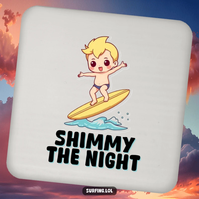 Funny drink coaster with a surfer perfectly balancing on a surfboard, doing a little shimmy, protecting furniture.