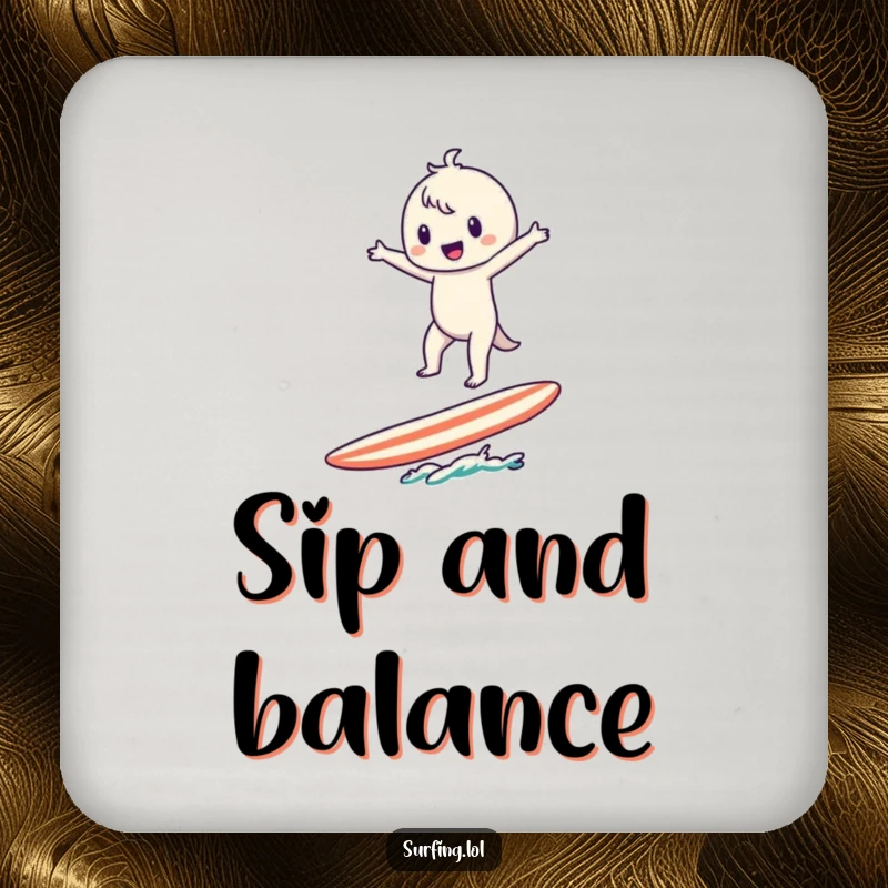 Funny Surfer Character Drink Coasters: A cute character balances on a surfboard, arms wide, protecting surfaces.