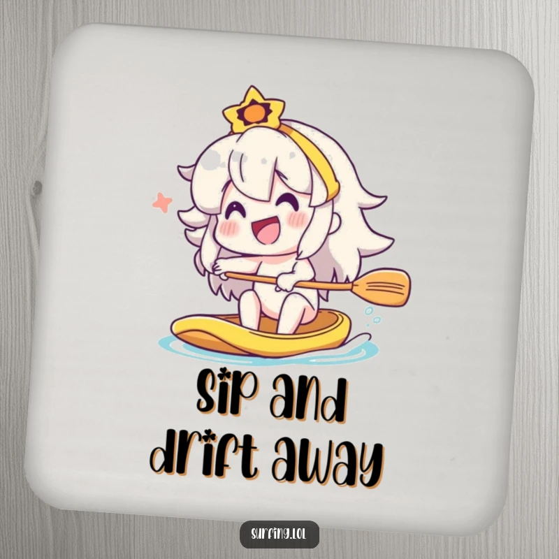 Funny character paddling a boat with a big smile, drink coaster for a funny gift.