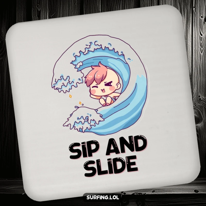 Funny drink coaster showing a character winking cheekily while riding down a wave, adding stylish surf humor.