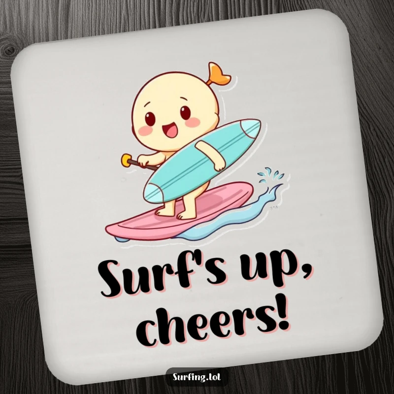 Funny drink coaster featuring a cheerful character paddling with a tiny surfboard, adding a splash of humor and protecting furniture.