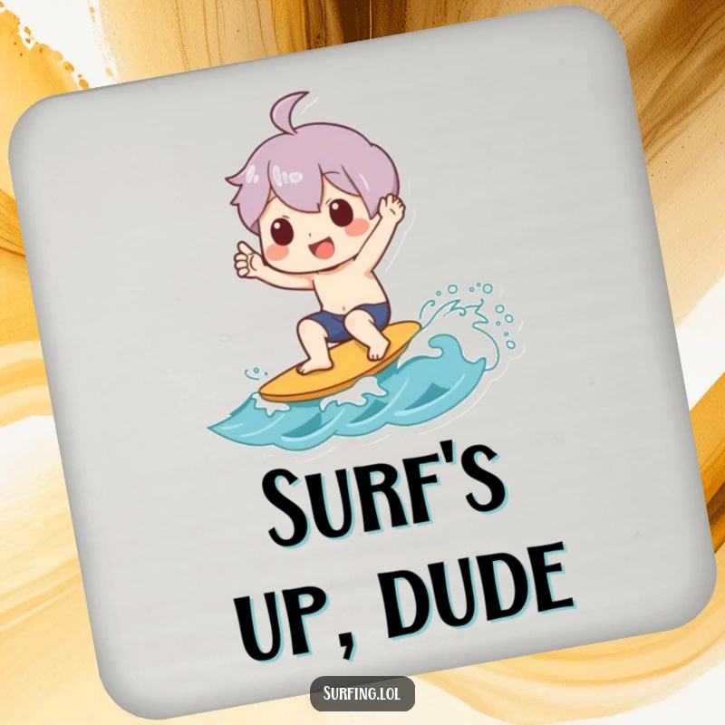 Funny drink coaster featuring a character joyfully giving a shaka sign while riding a small wave, adding surf charm.