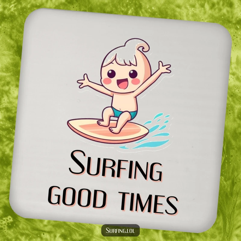 Funny kawaii character gleefully riding a surfboard with arms outstretched on drink coasters, adding humor to any table, a funny gift.