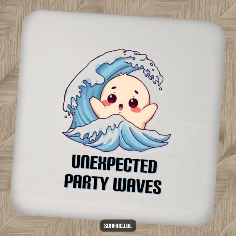 Funny Chubby Surfer Drink Coasters: A chubby character with a surprised face is playfully tossed by a wave, protecting surfaces.
