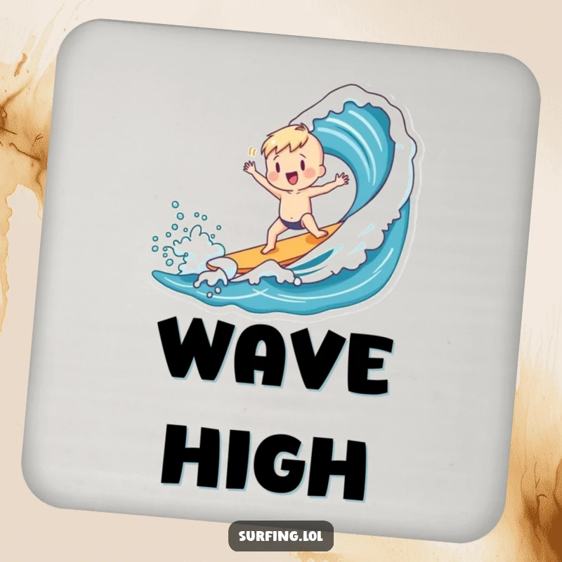 Funny coaster featuring a charming figure doing a playful dance after successfully catching an ocean wave.