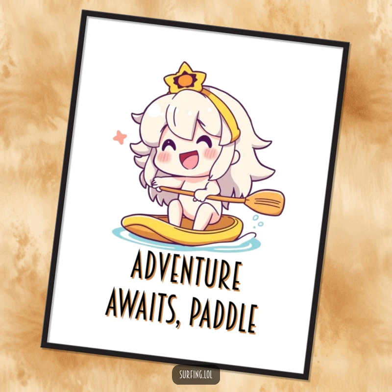 Funny character paddling a stand-up paddleboard with a big smile, motivational poster for a funny gift.