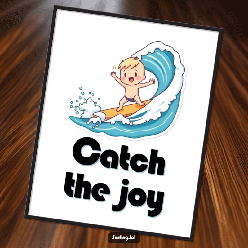 Funny poster of a charming figure doing a joyful dance after successfully riding and catching a large ocean wave.
