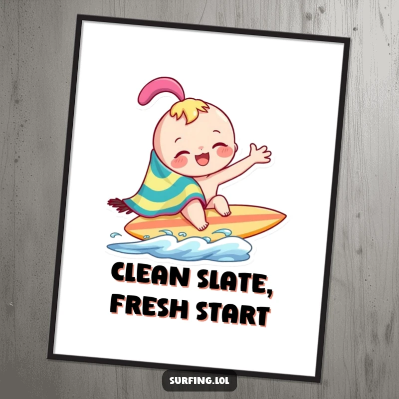 Funny joyful character playfully wiping across surfboard with a colorful towel, a humorous beach art print, a perfect funny gift.