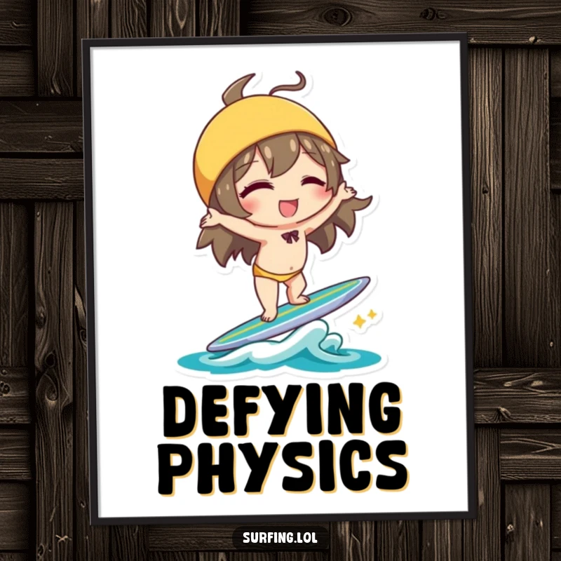 Funny Handstand Character Poster: Character winking and doing a handstand on a surfboard with playful balance, perfect funny gift.