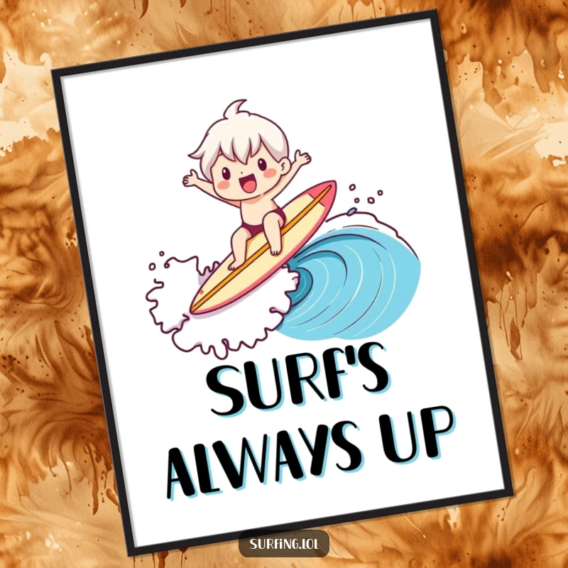 Funny poster showing a cute character in mid-surf, powerfully riding a wave while perfectly balanced on a surfboard.