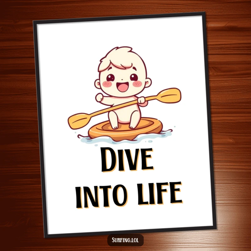 Funny poster showcasing an adorable character mid-paddle with large, cheerful strokes, radiating excitement and a love for aquatic adventures.
