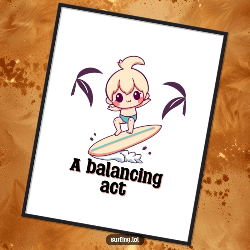 Funny poster print of a character struggling hilariously to balance on a surfboard while holding another surfboard, ideal for humor lovers.