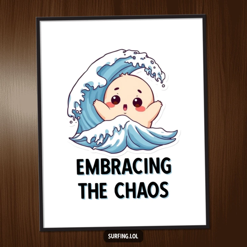 Funny Chubby Surfer Poster: A surprised, chubby character is playfully tossed by a wave, capturing beach amusement.