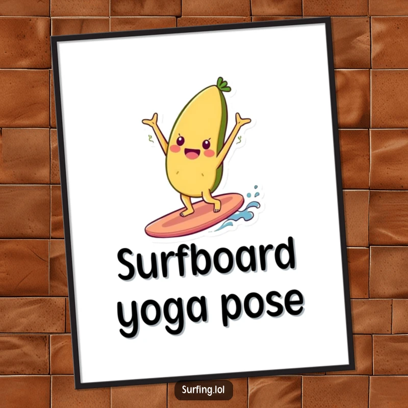 Funny poster of a cheerful food item character performing a handstand on a surfboard, radiating fun and positive energy.
