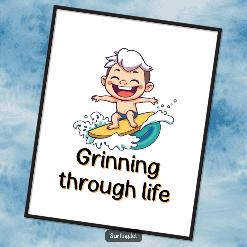 Funny poster print of a joyful character surfing a wave with a massive, goofy grin, radiating pure happiness and surf stoke.