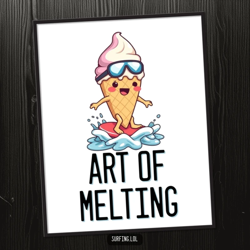 Funny ice cream cone character, melting dramatically, surfing a wave, comical splash, humorous art poster.