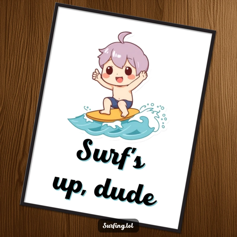 Funny poster art of a character joyfully giving a shaka sign while riding a small wave, embodying surfer paradise.