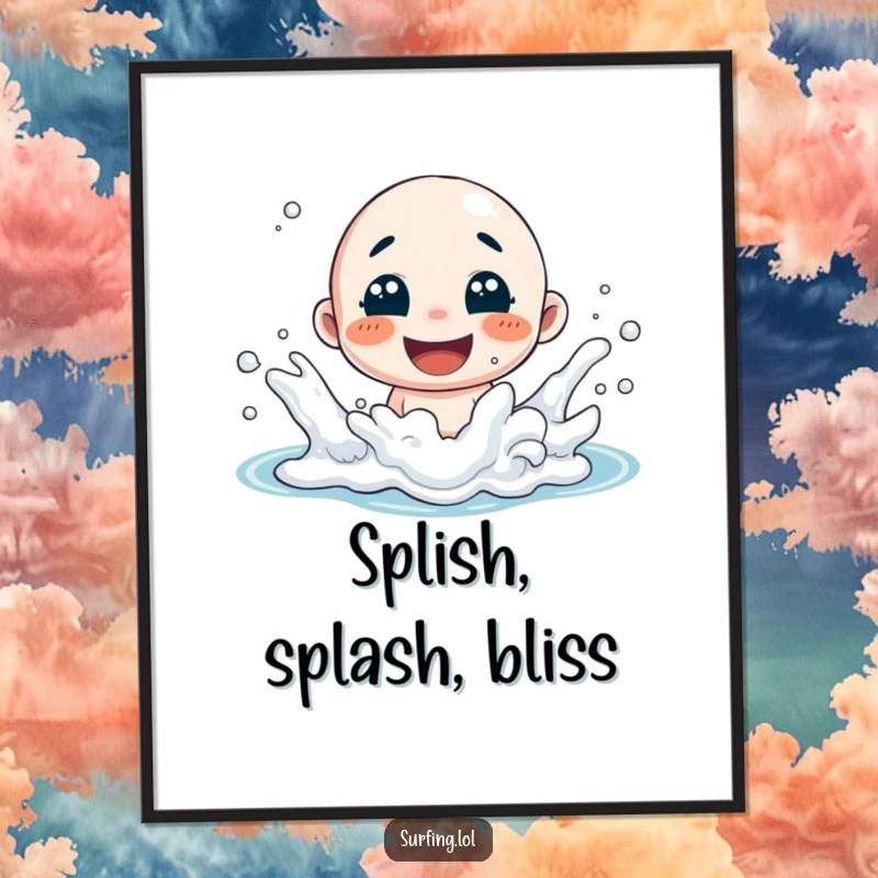 Funny poster featuring a character gleefully splashing in ocean foam with a wide smile, capturing the essence of pure, happy beach moments.