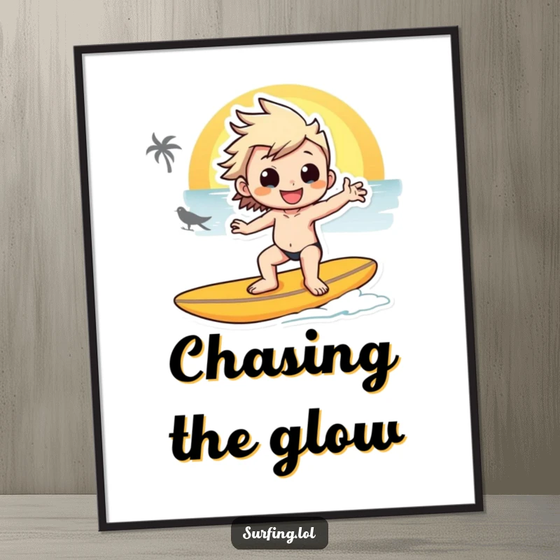Funny poster print of a character in a cool pose on a surfboard, silhouetted against a glorious sunset, evoking peace and adventure.