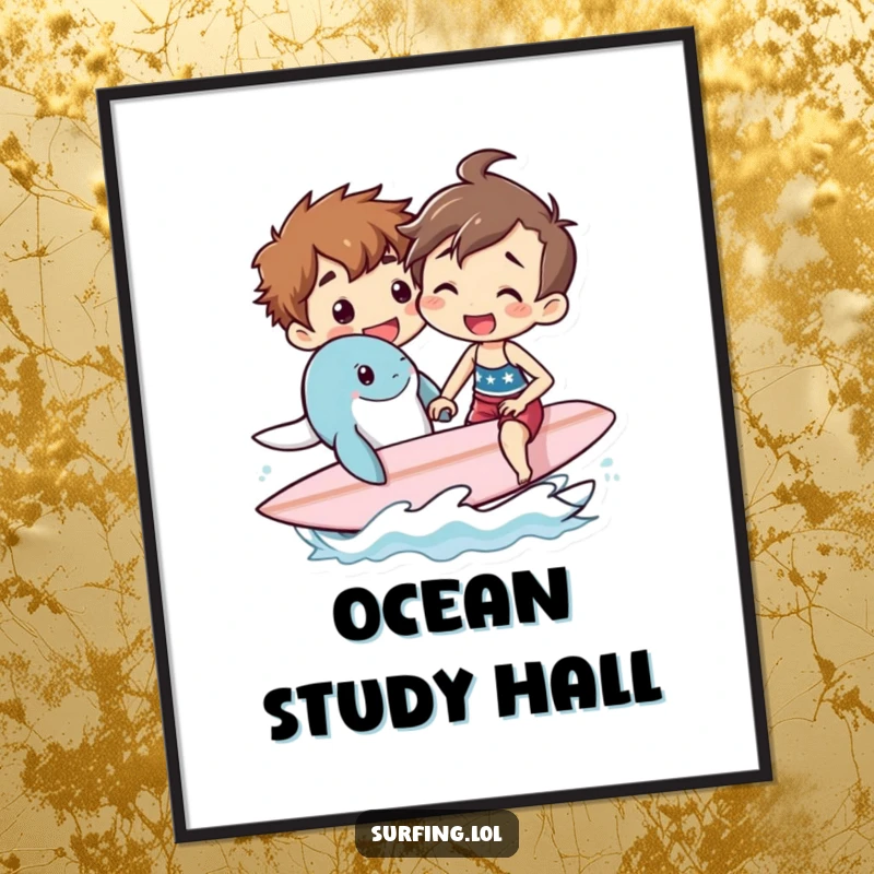 Funny poster depicting an enthusiastic person giving a surf lesson to a sea creature, celebrating the joy of learning and ocean friendship.