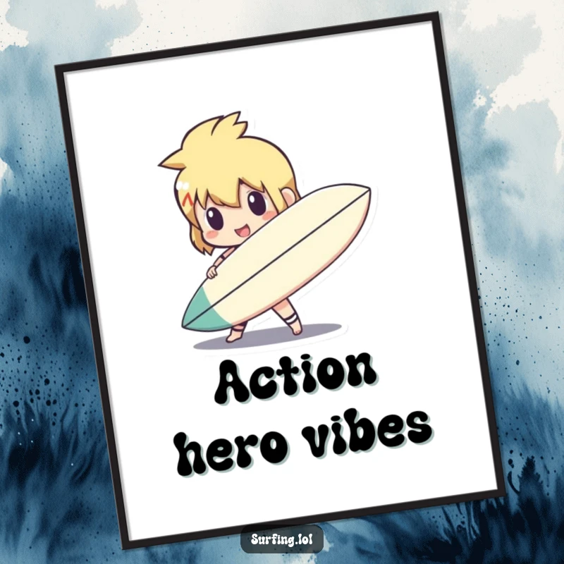 Funny cute character holding a surfboard like a shield, a heroic pose on a poster, ready for adventure, a funny gift.