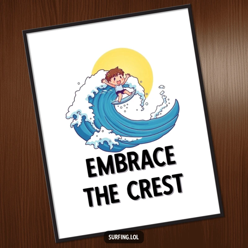 Funny poster art of a cute character riding a massive, sun-drenched wave with extreme joy, perfect for funny wall decor.