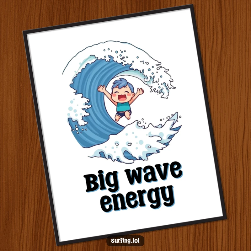 Funny Poster of a cute character with a massive triumphant grin, successfully riding a giant wave with epic style.