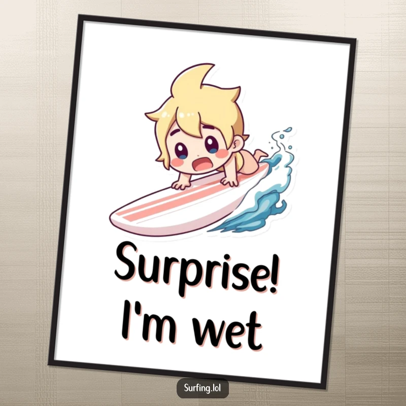 Funny poster showcasing a character diving headfirst off a surfboard, mid-gasp with surprise.