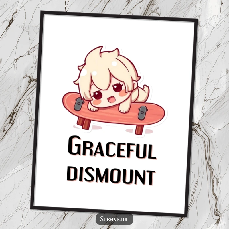 Funny poster featuring a character losing balance on a surfboard with a surprised, happy look, capturing the chaotic fun of surfing.