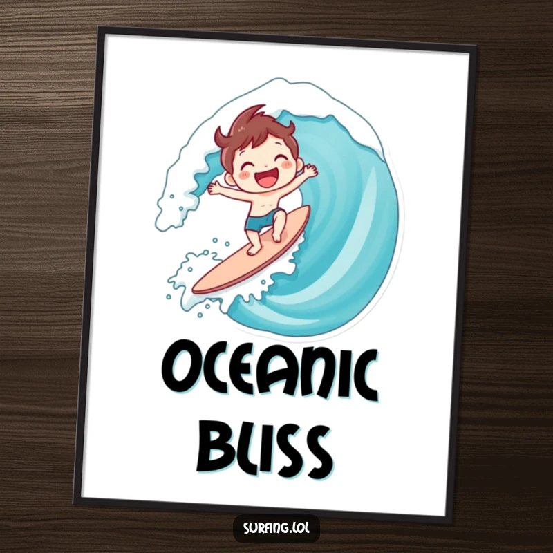 Funny Surfing Character Poster: Character joyfully riding a giant wave with a huge smile, perfect funny gift.