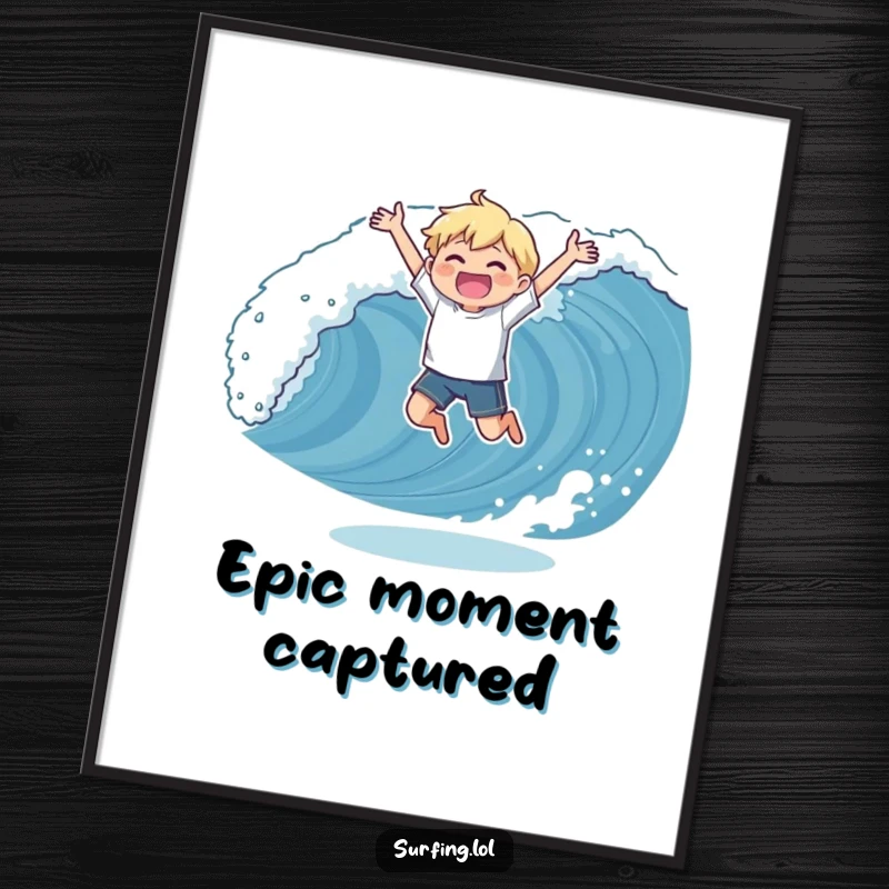 Funny poster illustrating a character's joyful and triumphant jump as they perfectly catch a surfing wave, radiating energy.