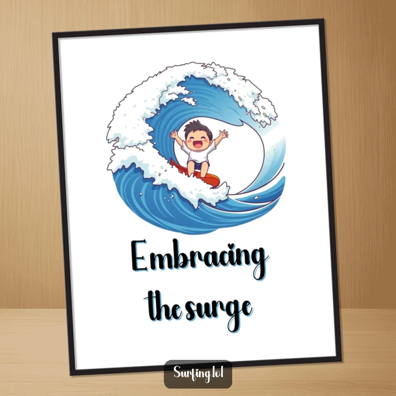 Funny Wave Rider Poster: A gleeful character joyfully rides a massive wave, arms outstretched, capturing pure excitement.