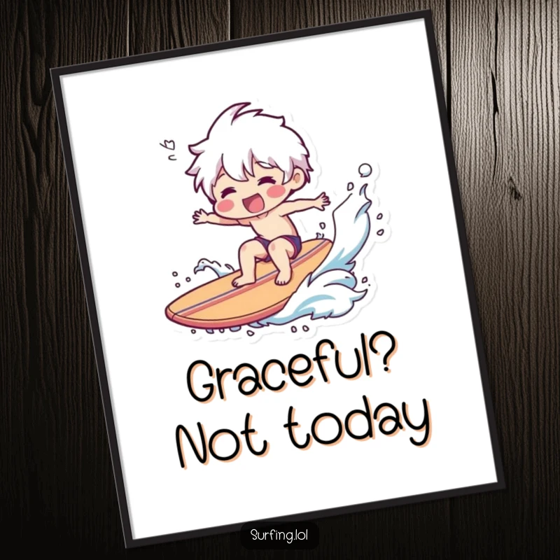 Funny Poster: Illustration of a smiling character performing an epic, splashy wipeout while surfing a surfboard.