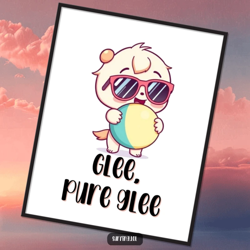 Funny poster depicting a kawaii character wearing sunglasses and holding a beach ball with infectious glee and happiness.