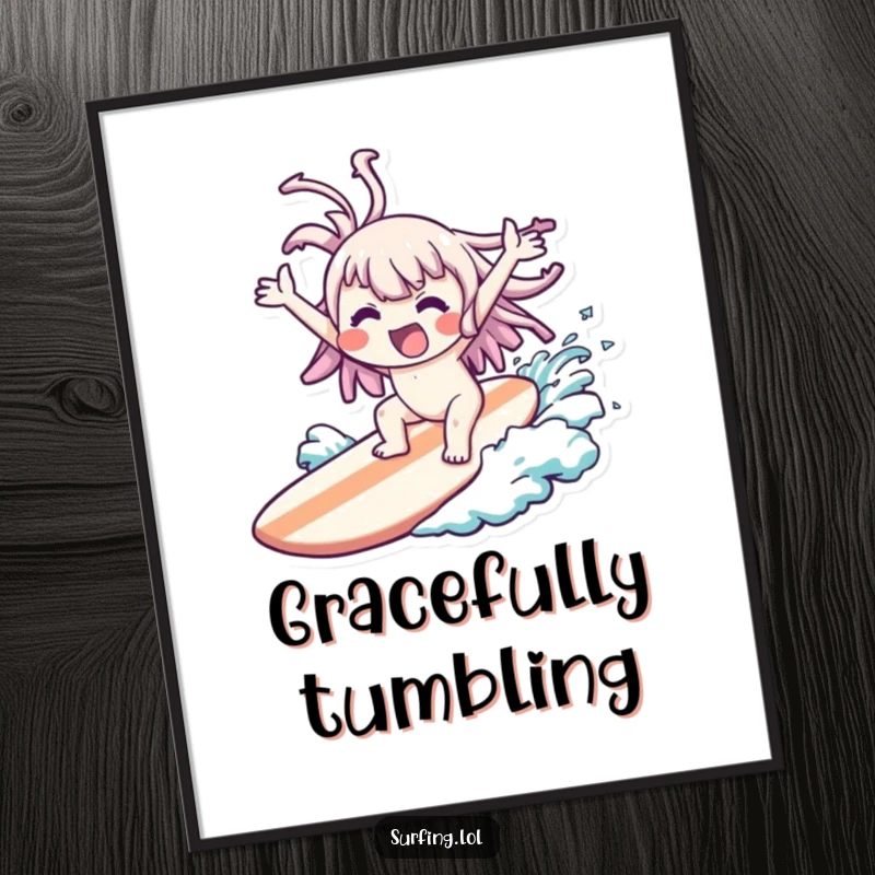 Funny Wipeout Kawaii Poster: A cute character comically wiped out on a surfboard with joyful flailing, perfect funny gift.