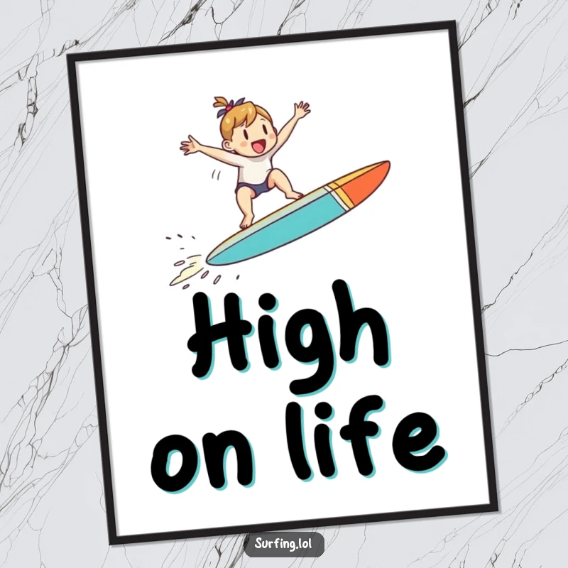 Funny poster art of a small character jumping with joy on a surfboard mid-air, symbolizing funny energy and elation.