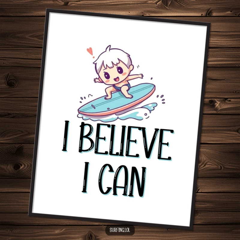 Funny poster featuring a small character comically tripping and falling while trying to balance on a surfboard, a humorous moment.