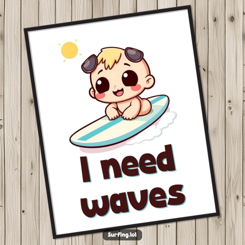 Funny poster capturing a character sunbathing on a surfboard with a big grin, radiating pure summer happiness.